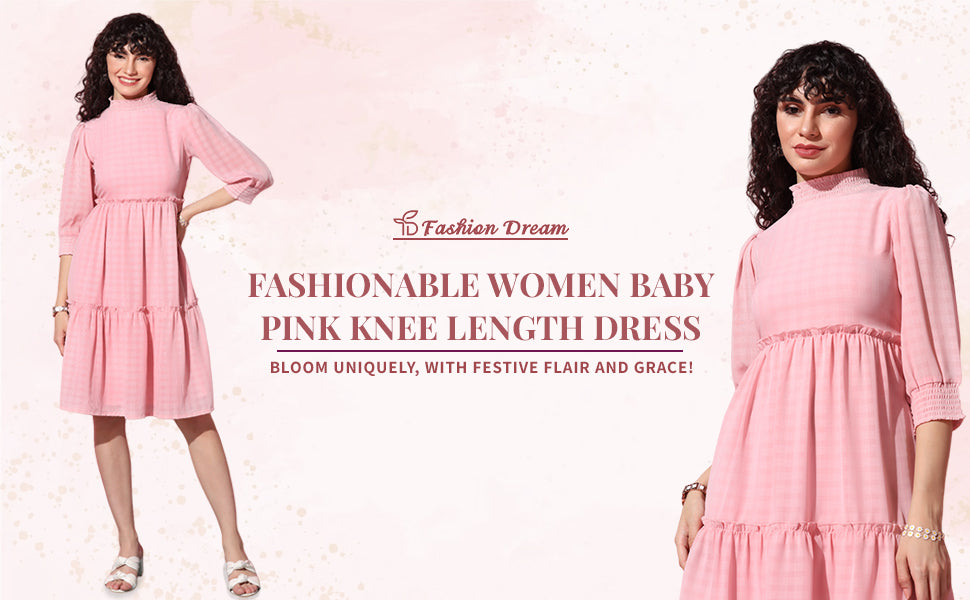 ”Women’s Baby Pink Knee Length Tiered Dress
