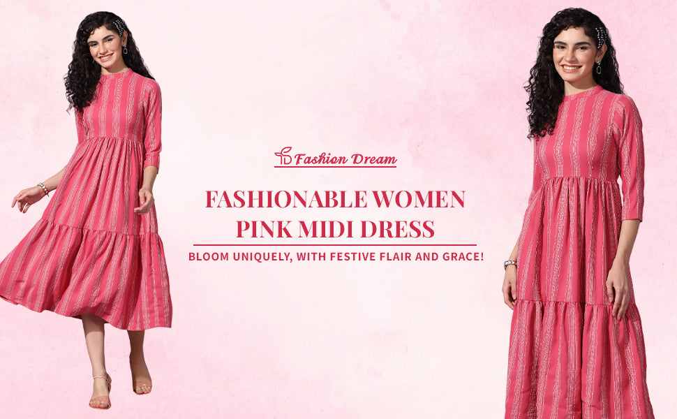 ”Women's Pink Striped Tiered Midi Dress”