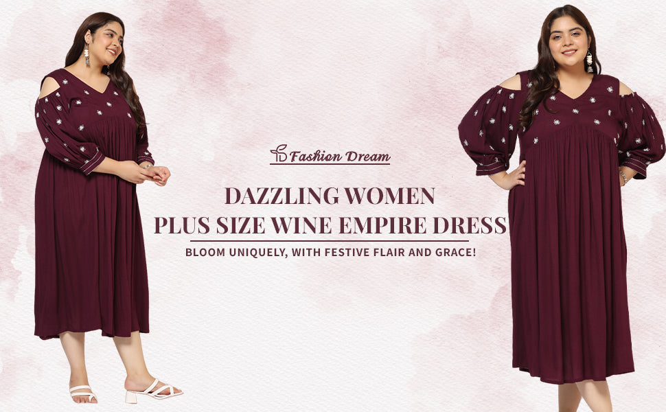 ”Womens Plus Size Wine Rayon Embroidered Empire Dress”