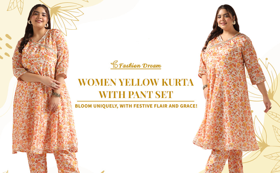 ”Women’s Plus Size Yellow Floral Printed Kurta With Pant Set”