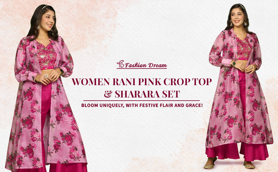 ”Women’s Rani Pink Embroidered Crop Top And Sharara Set With Floral Printed Shrug”