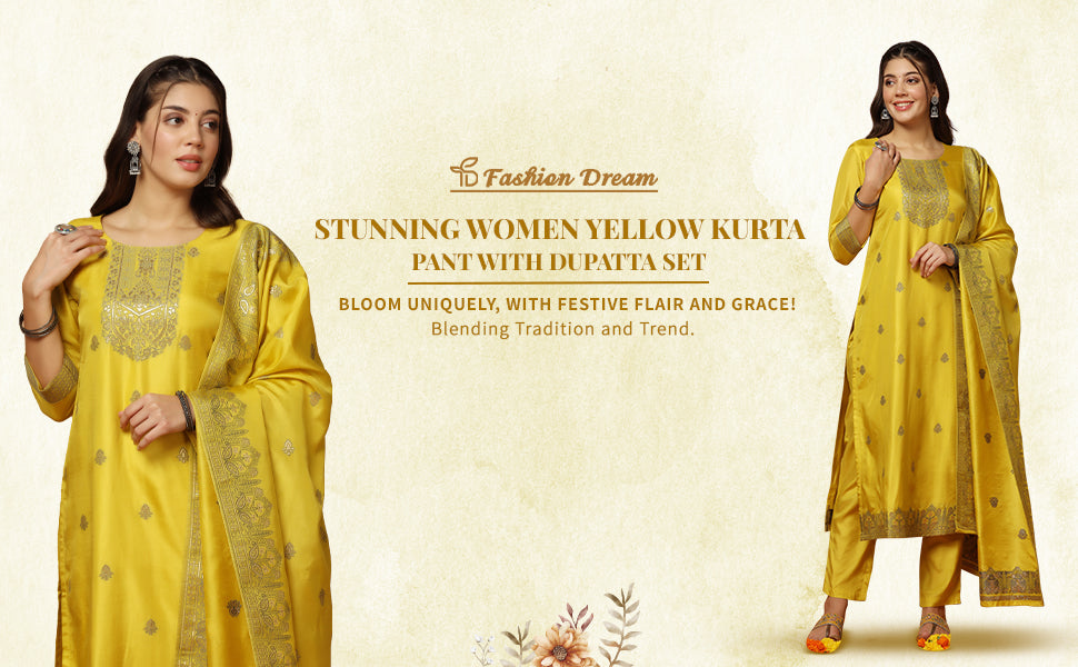 Women's Yellow Jacquard Kurta, Pant With Dupatta Set