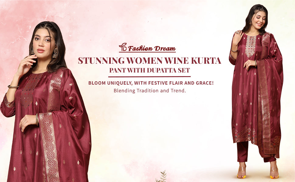 Women's Wine Jacquard Kurta And Pant Set With Dupatta