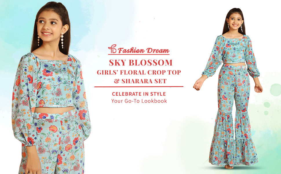 ”Girls Sky Floral Printed Crop Top With Sharara Set