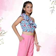 ”Girls Floral Printed One Shoulder Top With Pant Set Color”