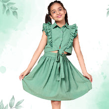 ”Girls Pista Solid Ruffle Top With Skirt Set Color”