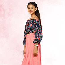 ”Girls Floral Printed Off Shoulder Crop Top With Pant Set Color”