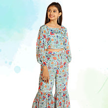 ”Girls Sky Floral Printed Crop Top With Sharara Set Color”