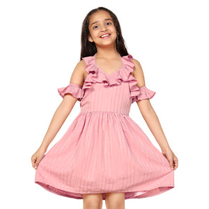 ”girls-pink-striped-cold-shoulder-fit-and-flare-dresses-fdgfrk00282-A”
