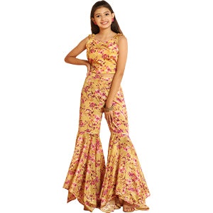 ”girls-mustard-chinon-floral-printed-crop-top-and-sharara-suit-set-fdgset00080-A”