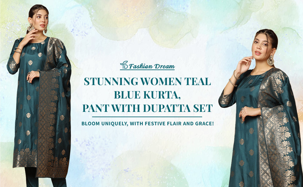 ”women-s-teal-blue-jacquard-kurta-and-pant-set-with-dupatta-fdwset00094-banner”