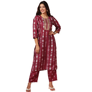 ”women-s-wine-poly-muslin-printed-kurta-and-pant-set-fdwset00104-A”