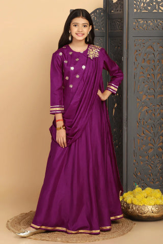 Girls Purple Embroidered Maxi Dress with Dupatta