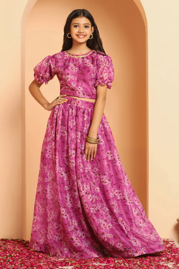 Girls Pink Tabby Silk Floral Printed Lehenga Choli Set