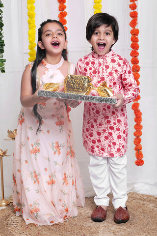 Floral themed kurtas for boys and lehenga cholis for girls combination