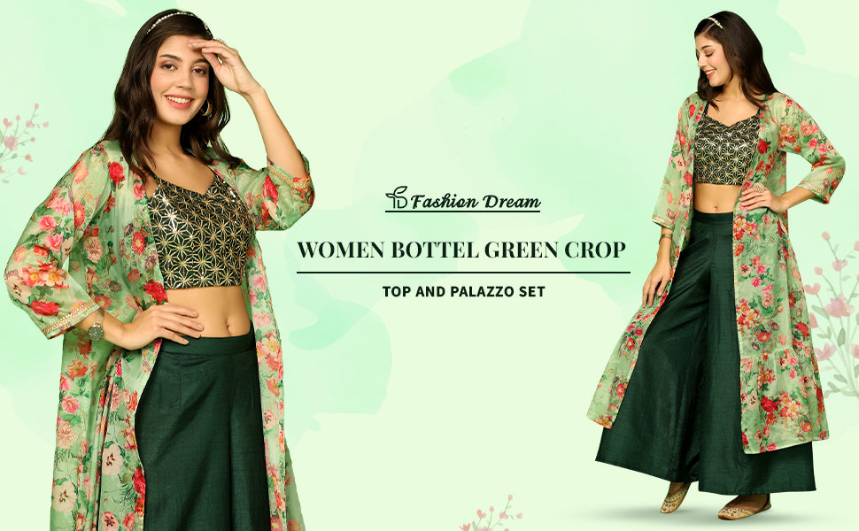 ”Women’sBottelGreenEmbroideredCropTopAndPalazzoSetWithFloralPrintedShrug”