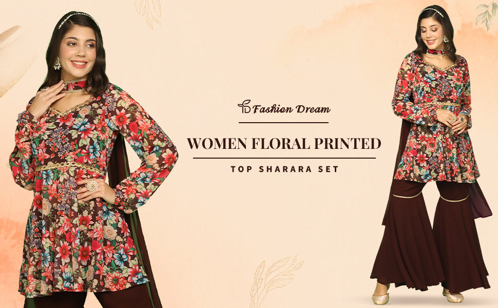 ”Women’sCoffeeGeorgetteFloralPrintedTop,ShararaAndDupattaSet”