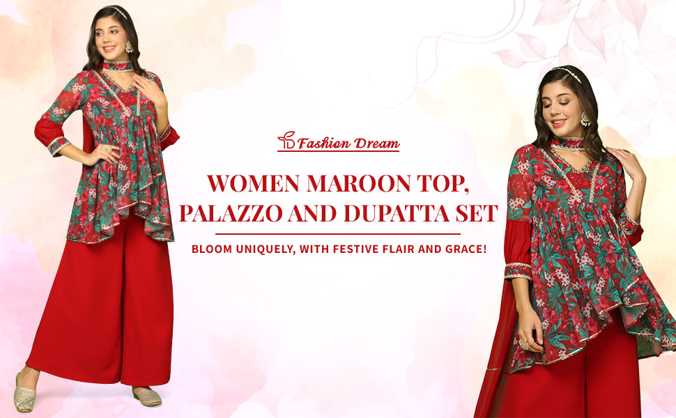 ”Women’sMaroonGeorgetteFloralPrintedTop,PalazzoAndDupattaSet”