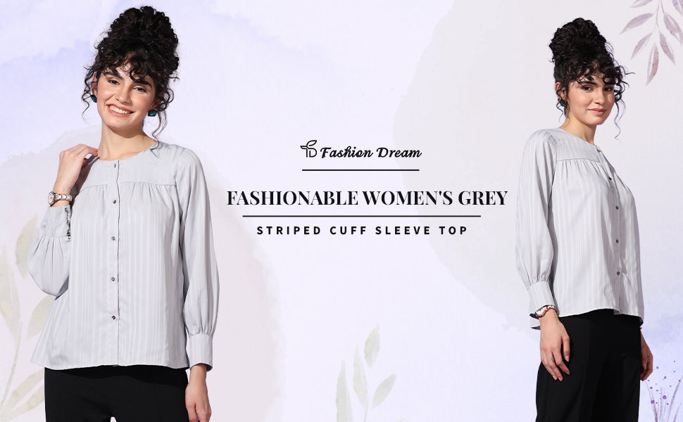 ”Women's Grey Striped Cuff Sleeve Top”