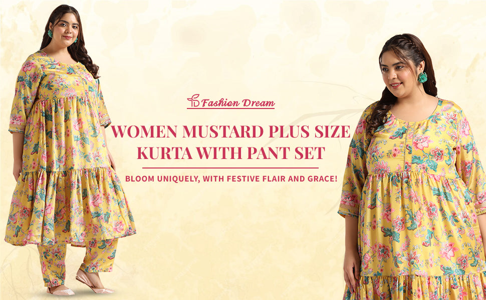 ”Women’sPlusSizeMustardFloralPrintedTieredKurtaWithPantSet”