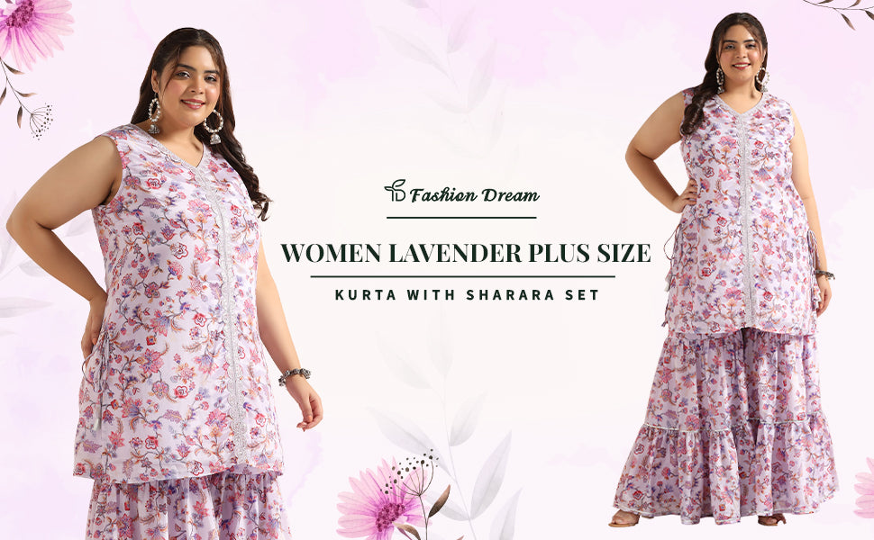 Women’s Plus Size Lavender Floral Printed Kurta With Sharara Set