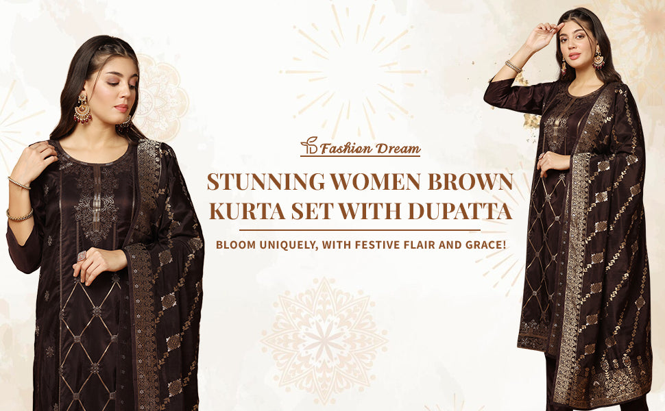 Women's Brown Dola Silk Jacquard Work Kurta Set With Dupatta