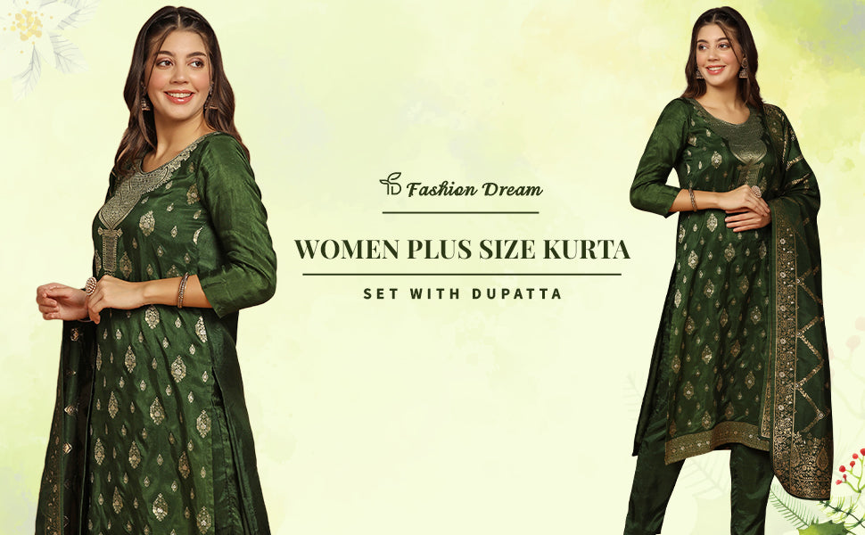 ”Women's Dark Green Dola Silk Jacquard Work Kurta Set With Dupatta”