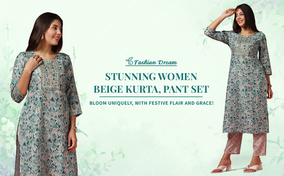 Women's Beige Poly Muslin Printed Kurta And Pant Set