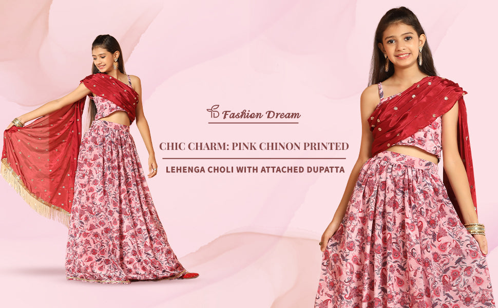 ”Girls Pink Chinon Printed Lehenga Choli With Attached Dupatta”