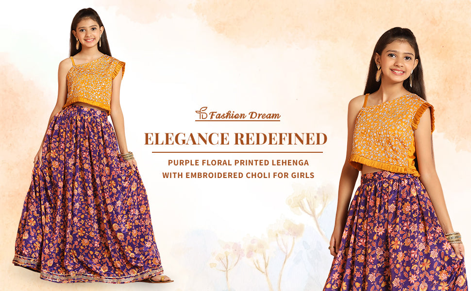 ”Girls Purple Floral Printed Lehenga With Embroidered Choli”