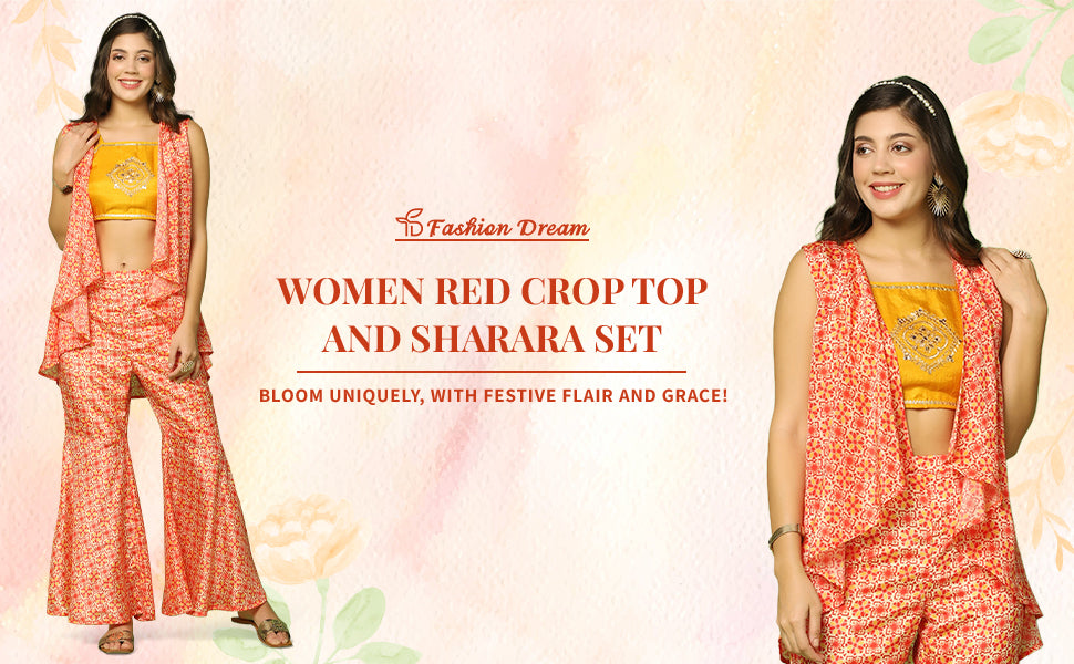 ”Women’s Ethnic Crop Top And Sharara Set With Shrug”