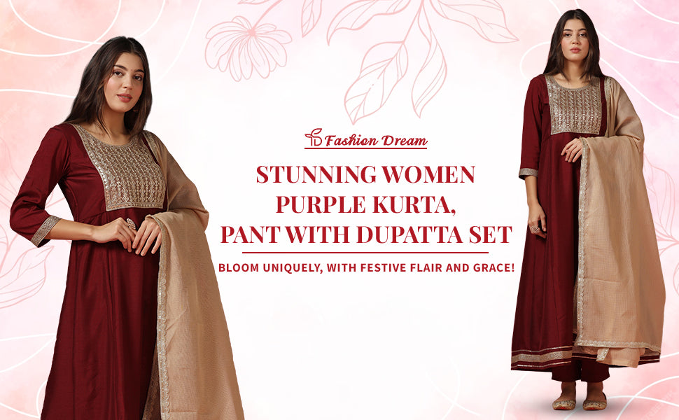 ”Women's Purple Embroidered Kurta And Pant Set With Dupatta
