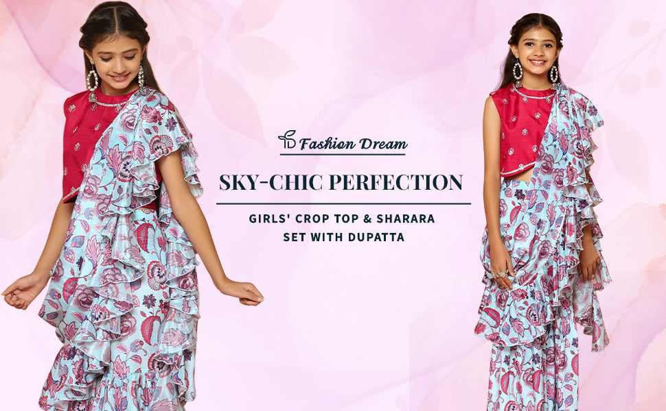 ”Girls Sky Chinon Crop Top And Sharara Set With Attached Dupatta”