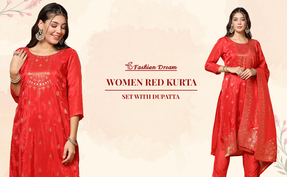 ”WomensRedDolaSilkJacquardWorkKurtaSetWithDupatta”