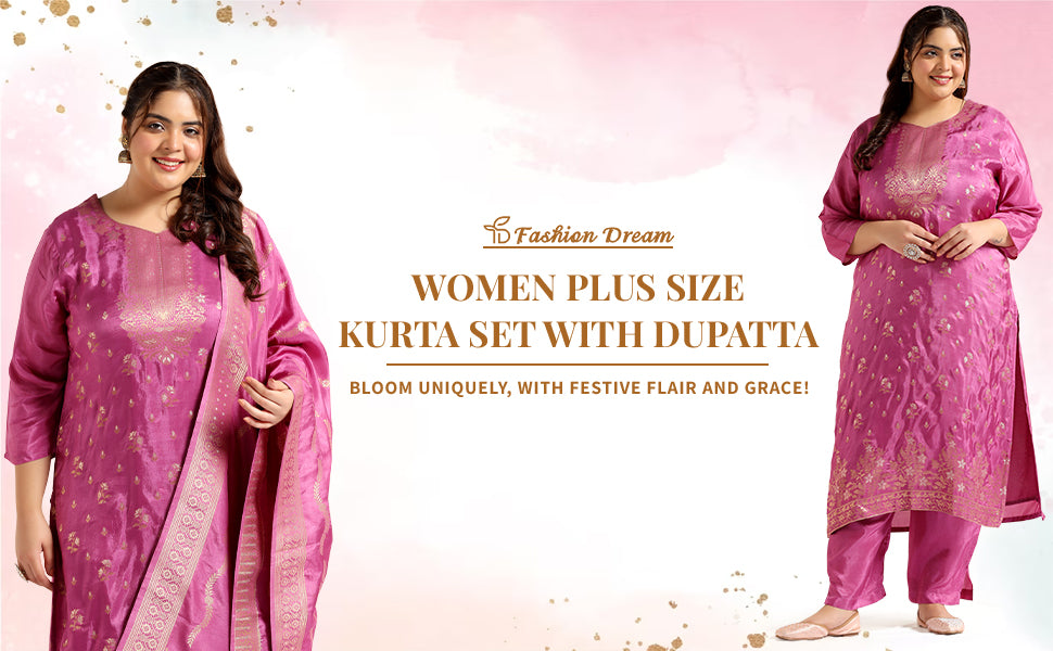 ”Women's Plus Size Lilac Dola Silk Jacquard Work Kurta Set With Dupatta”