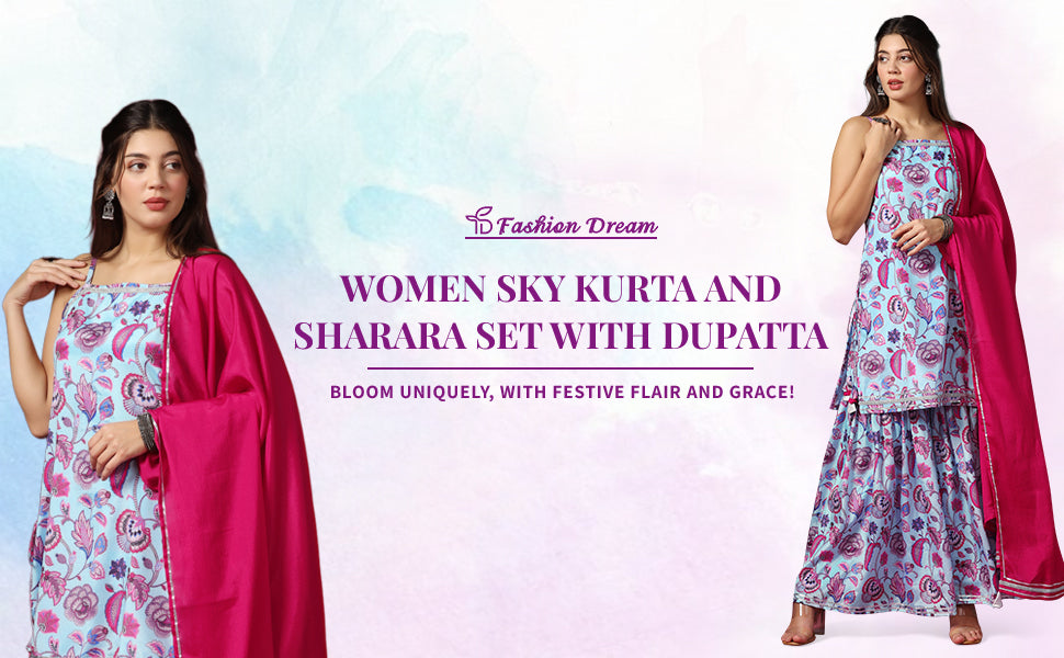”Women’s Sky Floral Printed Kurta And Sharara Set With Dupatta”