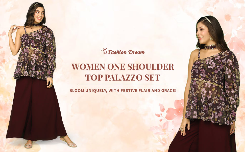 ”Women’s Georgette One Shoulder Top, Palazzo And Dupatta Set”