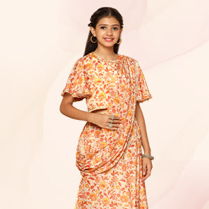 ”Girls Cream Chinon Crop Top And Palazzo Set With Attached Dupatta Color”