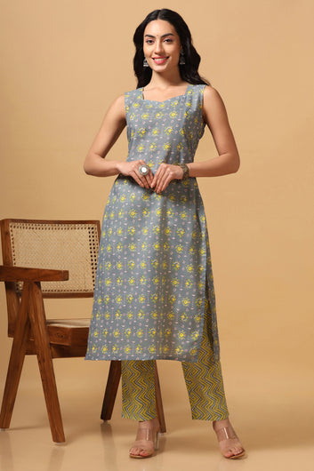 Women's Grey Cotton Printed Kurta with Pant set