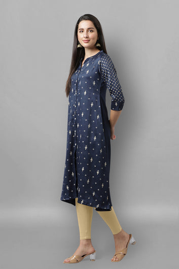 Women Khadi Rayon Foil Print And Pigment Work A-Line Kurta/Kurti