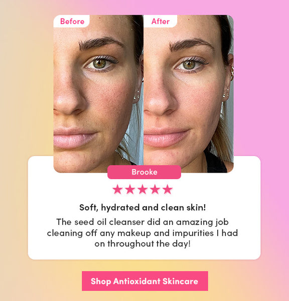 An image featuring a before and after of skin. Shop Antioxidant Skincare now