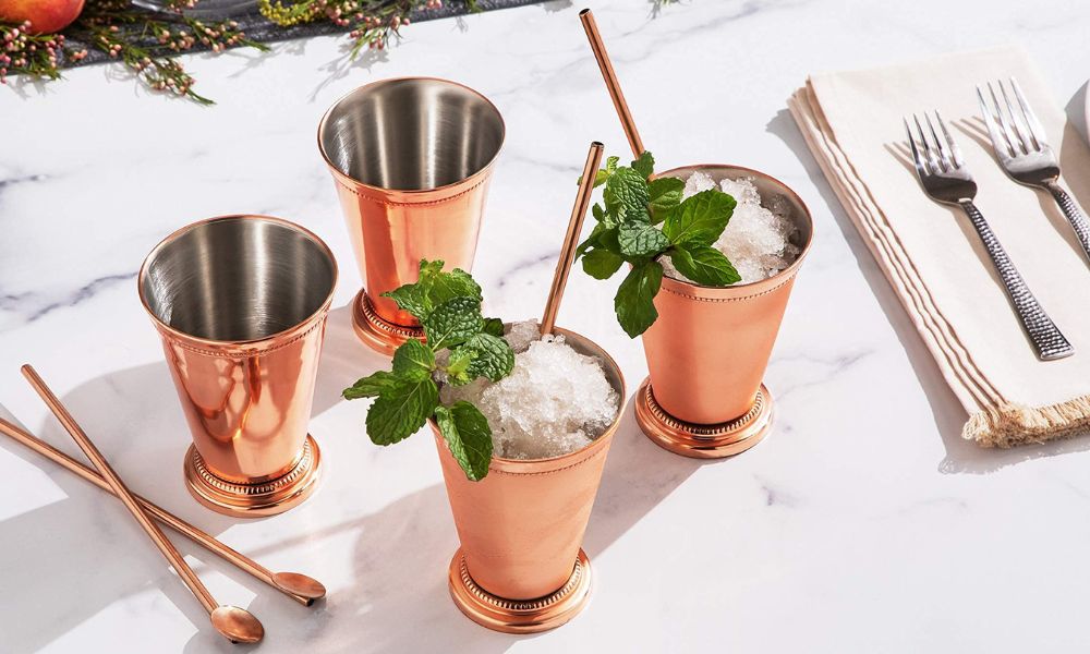 copper julep cups stainless steel flatware set