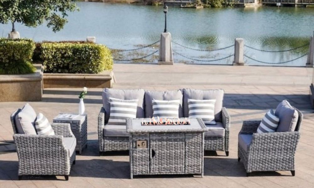 5-Piece Outdoor Patio Conversation Set with Firepit Table - Grey Wicker