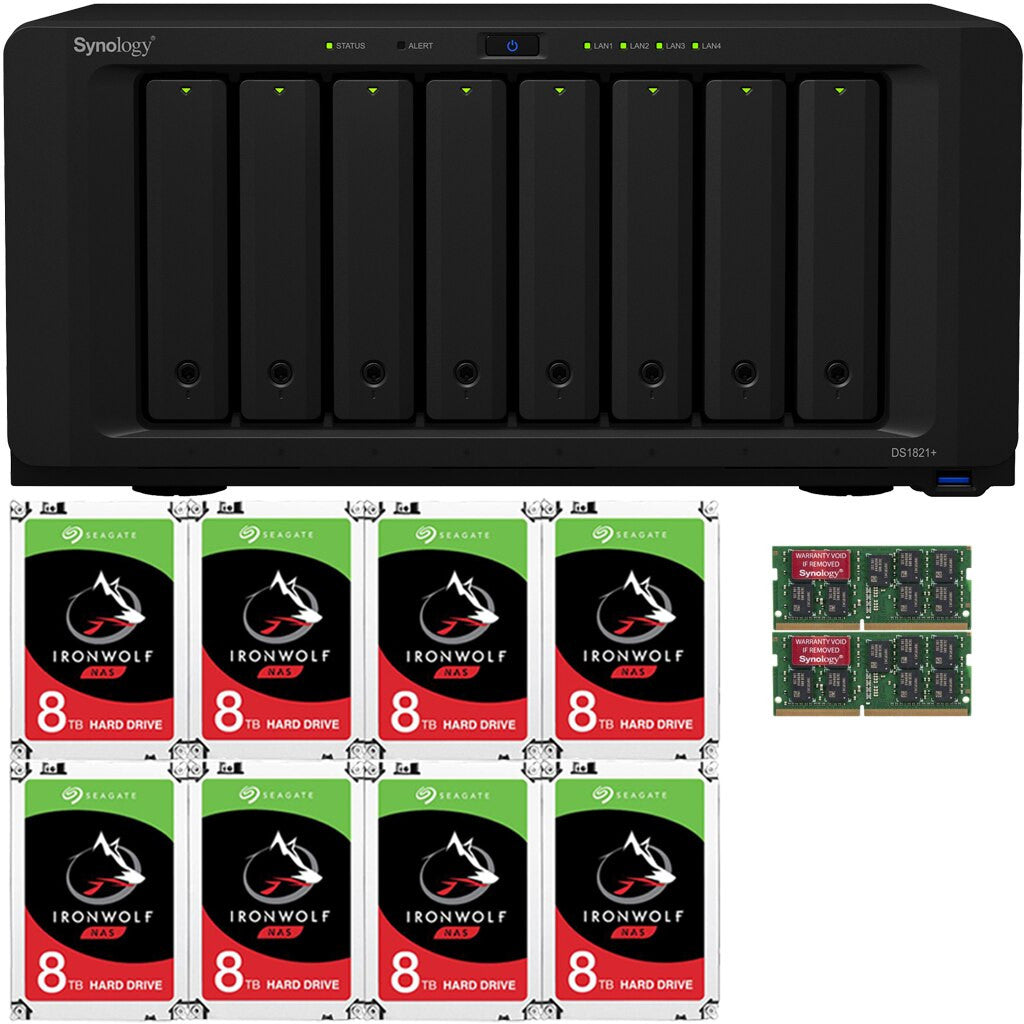 Synology DS1821+ 8-BAY DiskStation with 8GB Synology RAM and 64TB (8x8TB) Seagate Ironwolf NAS Drives Fully Assembled and Tested