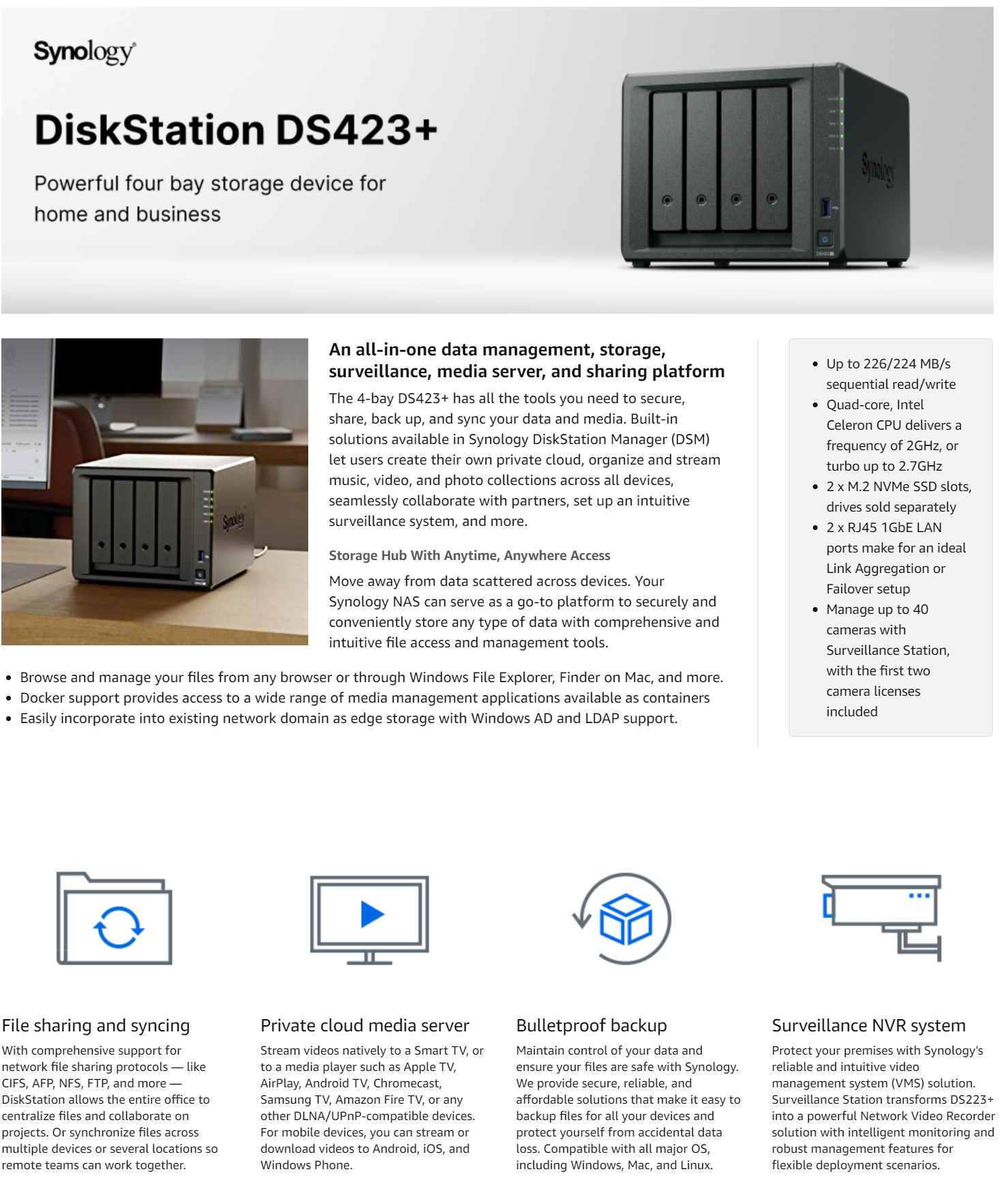  Synology DiskStation DS220+ NAS Server for Business with  Celeron CPU, 6GB Memory, 2TB SSD Storage, DSM Operating System : Electronics