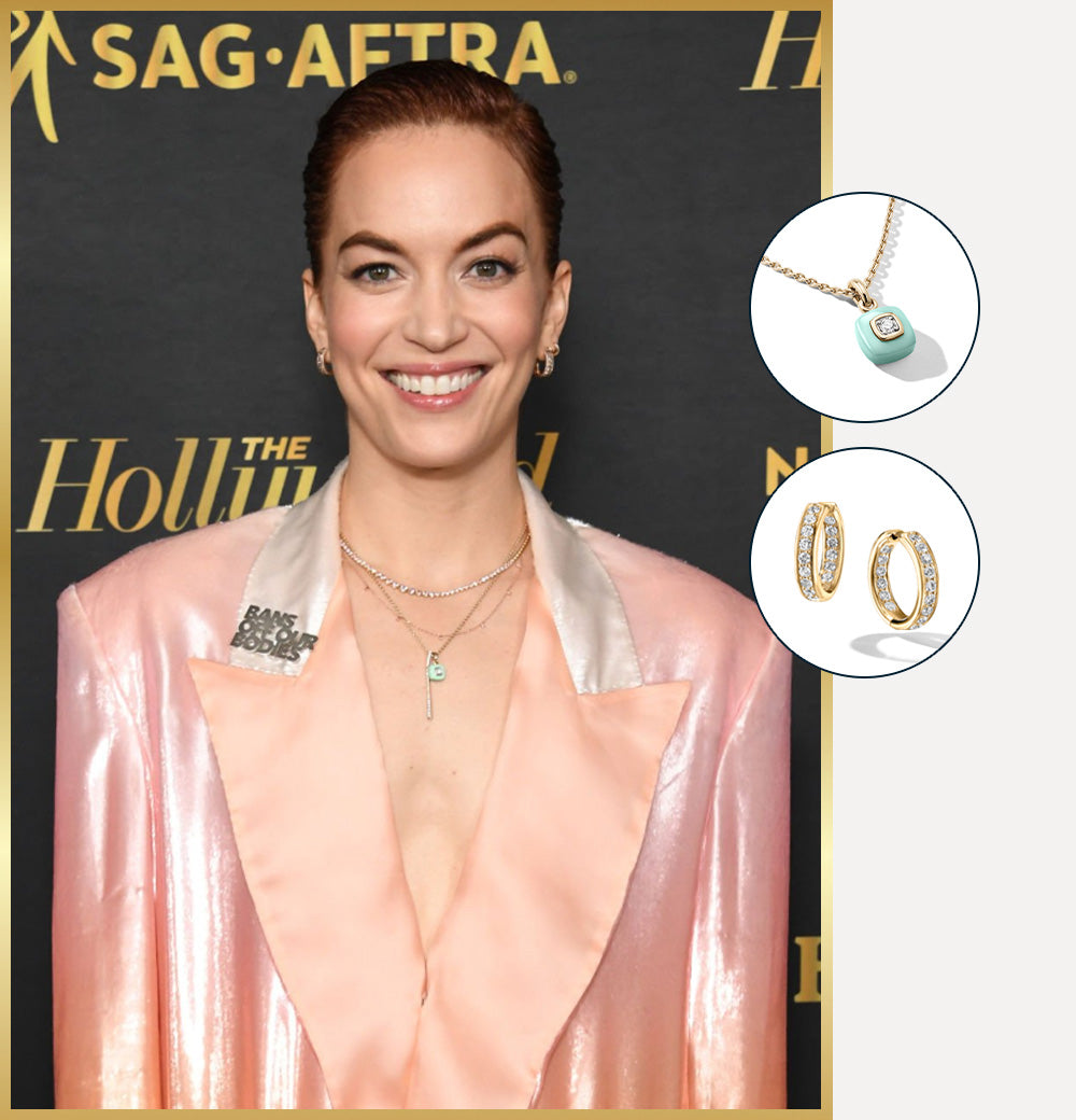 Britt Lower wearing Brilliant Pendant necklace inVintage Mint and Diamond Hoops Earrings at the SAG Emmy awards nominees night