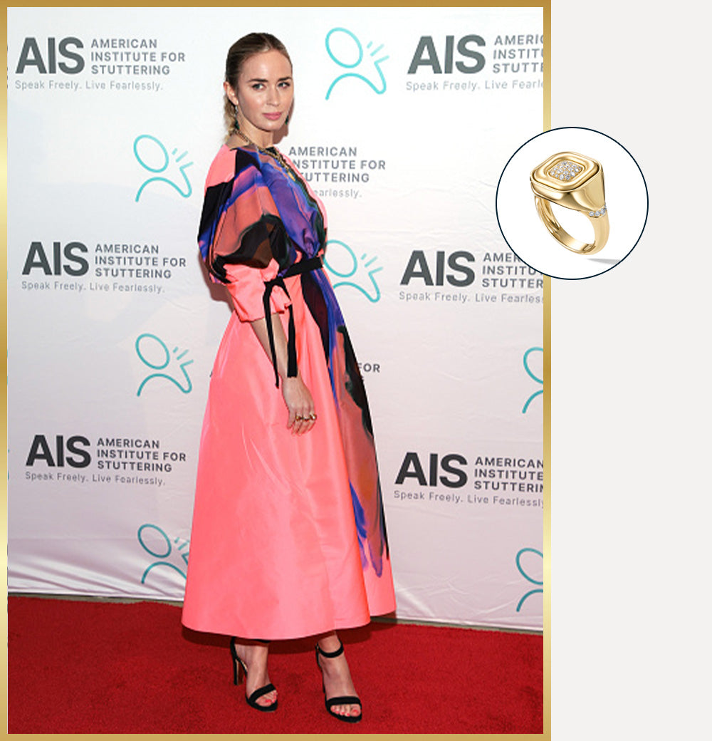 Emily Blunt wearing Gold Fearless Muse Ring + Weekend Florence Getaway Gold red carpet