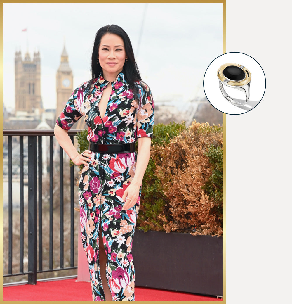 Lucy Liu wearing The Onyx Rebel Signet