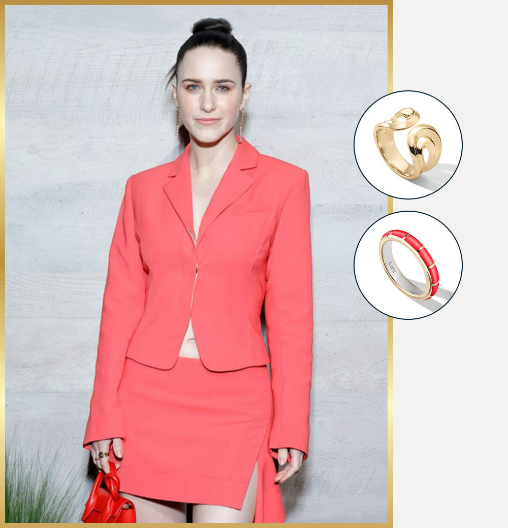 rachel bosnahan wearing cast jewelry fearless muse ring & halo stacking ring