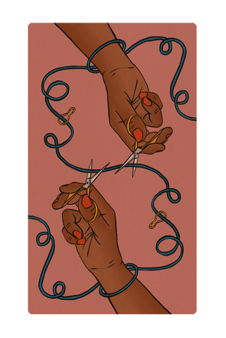 illustration of two medium-brown hands with red nail polish, mirroring each other, each holding small silver and gold scissors open to cut a teal string wrapped around each wrist and twirled throughout the image with medium rose background